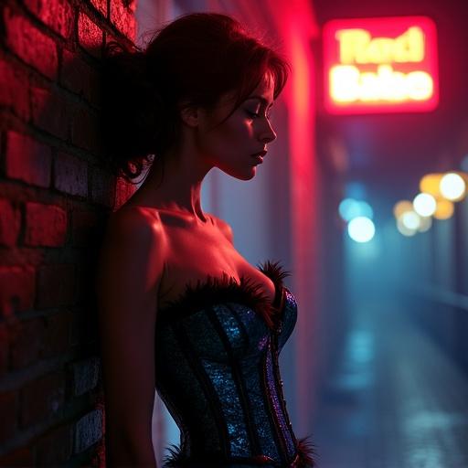 A woman in an indigo corset with feathers leans against a brick wall in the Red Light District. Neon lights flicker, casting shadows. She has a hidden blade beneath her attire. Tension fills the air as she observes a shadowy figure and a rival dancer. The scene highlights a balance of allure and danger.