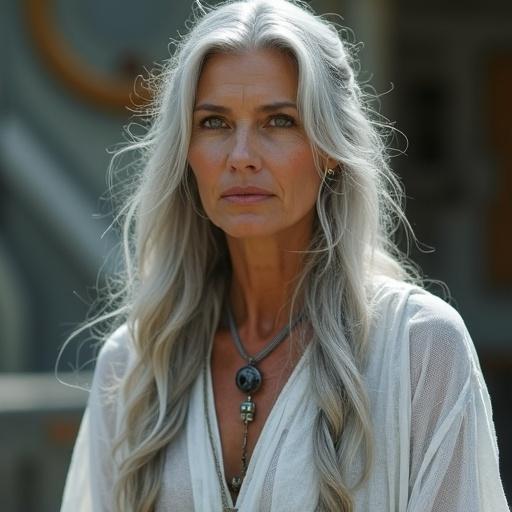 Photorealistic image of a woman in mid-50s with calm presence and wisdom. Deep amber eyes, silver hair, loosely braided with metal charms. Translucent white robe of hand-woven fabric contrasts with synthetic materials. No jewelry except dark stone pendant. Graceful movements, smooth dark worry stones in hand. Preaching in spaceship's mess hall with small audience.