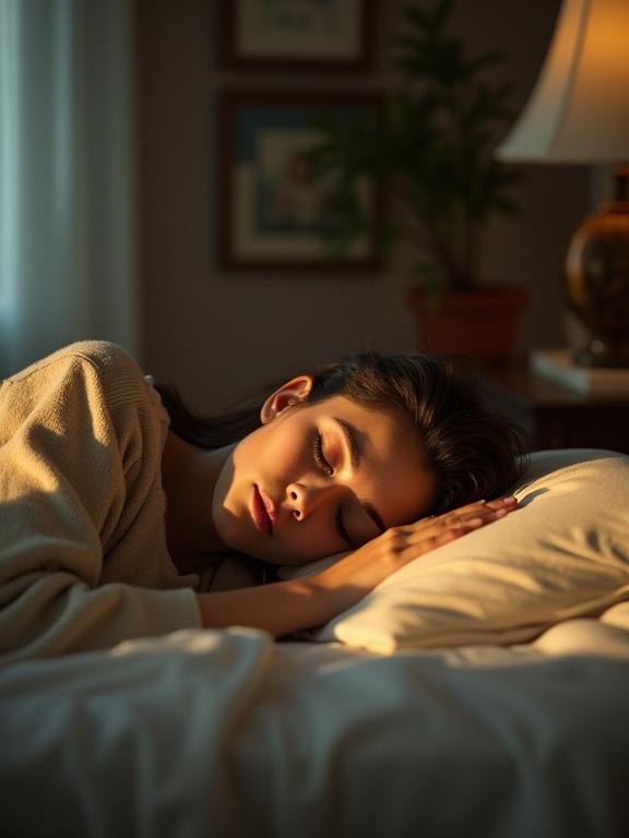 Realistic cinematic photo of a woman sleeping on her side with warm soft lighting creating an emotional and peaceful atmosphere