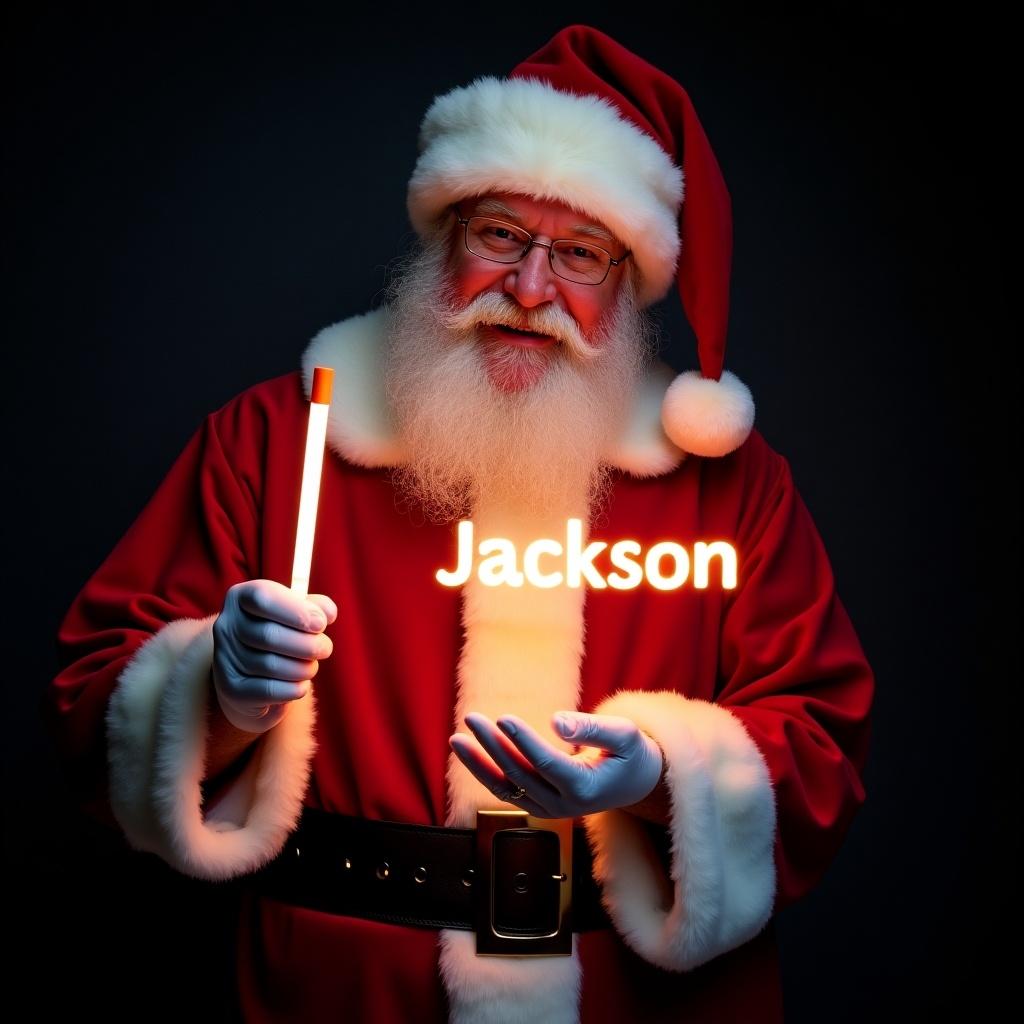 This image features Santa Claus wearing his traditional red and white suit. He is holding a glow stick that forms the name 'Jackson' in bright light. Santa's expression is jolly, exuding warmth and holiday cheer. The background is dark, enhancing the glow of the text. This festive scene captures the magic of Christmas and the joy of the season.