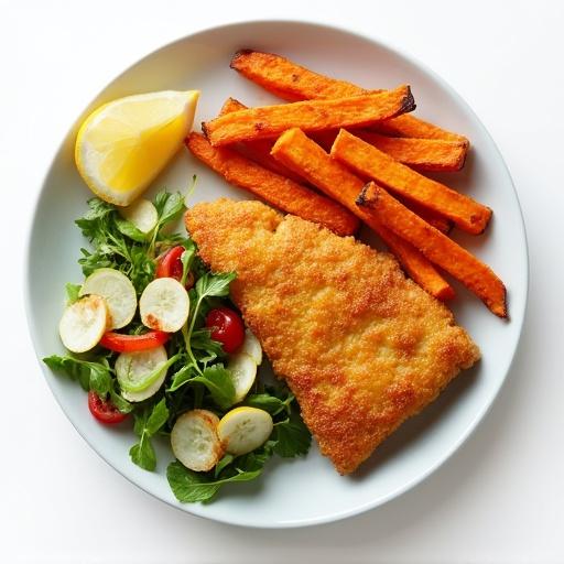 Birds eye view of a dish featuring fried cod. Includes sweet potato fries and a fresh side salad. Plate has a blank background.