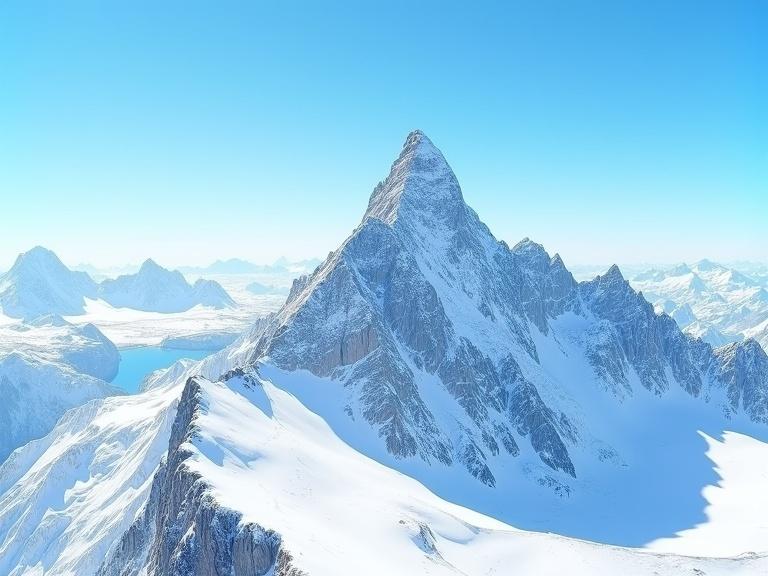 Photograph of a snow-covered mountain peak with a sharp summit and clear blue sky. Bright sunlight shines over rugged terrain with snow-covered ridges and a distant mountain range. Crisp atmosphere and Panama view showcasing nature's beauty in winter.