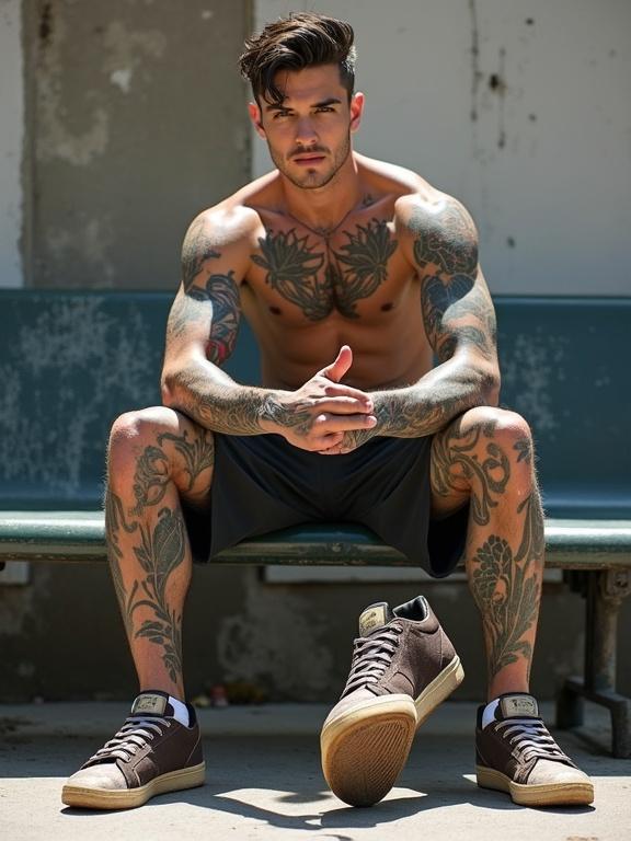 Photograph presents shirtless male skater with tattoos. Urban setting shows him sitting on a bench. Extended legs feature worn sneaker. Direct gaze invites viewer. Sun-kissed skin captures sweat and grittiness of street life.