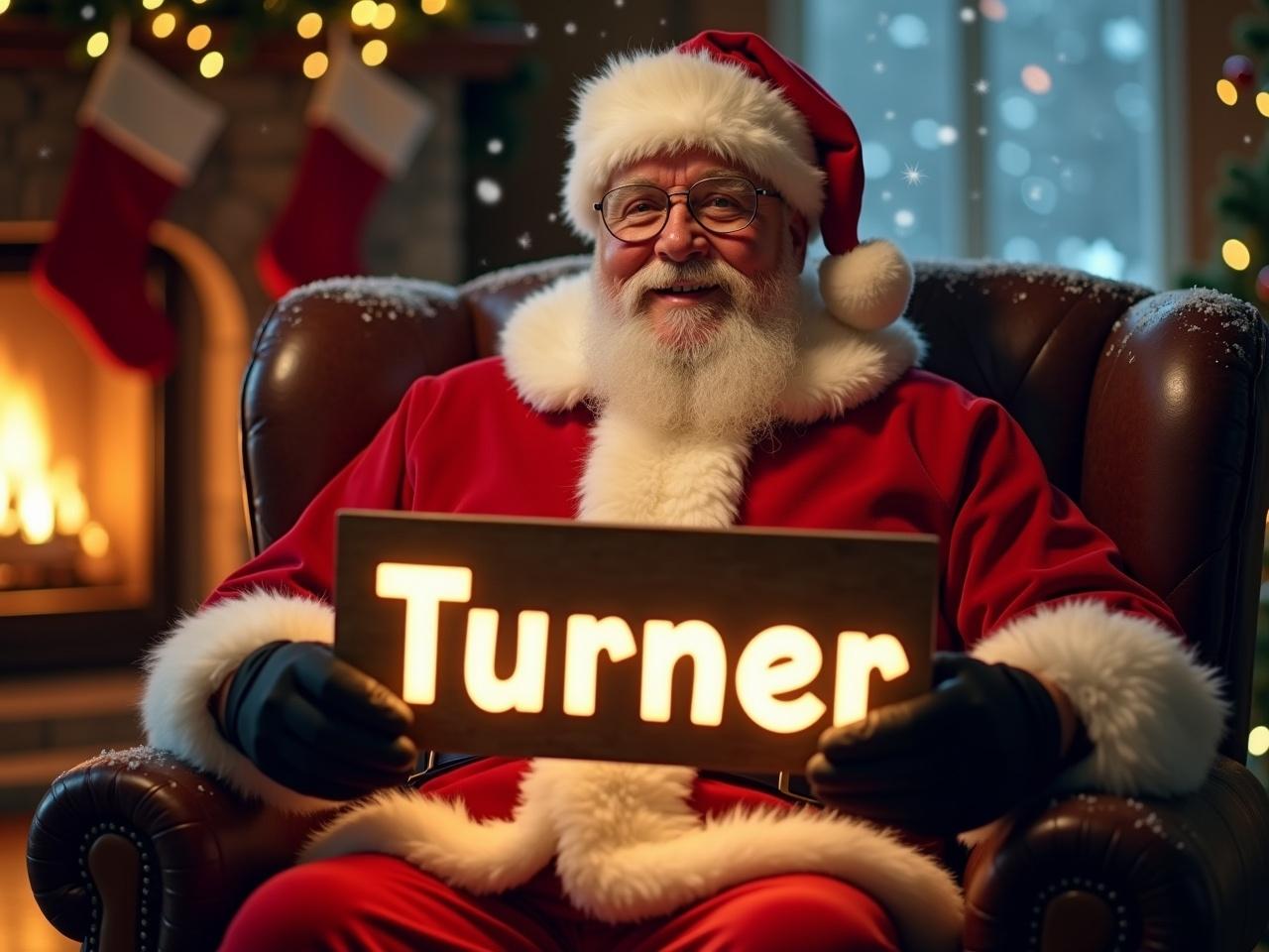 The image features a jolly figure dressed as Santa Claus, seated comfortably in a cozy setting. He is wearing a traditional red suit with soft white fur trim and black gloves. In his hands, he holds a glowing sign that reads 'Turner,' replacing the previous name. The background is warmly lit with a fireplace and decorated with Christmas stockings. Snowflakes are gently falling outside the window, adding to the festive atmosphere.