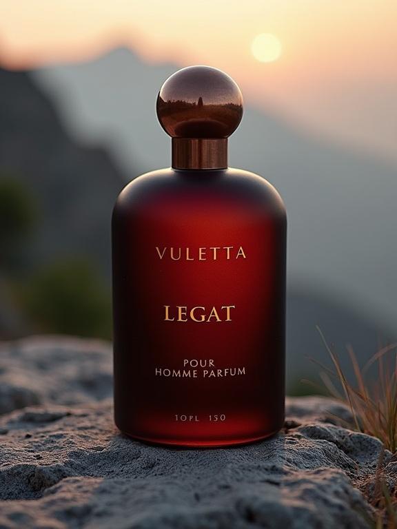 A perfume bottle with deep red-black glass. Retro-modern branding with 'VULETTA' in bronze and 'LEGAT' in gold. Antique copper cap. Background features Montenegrin mountains at dawn.