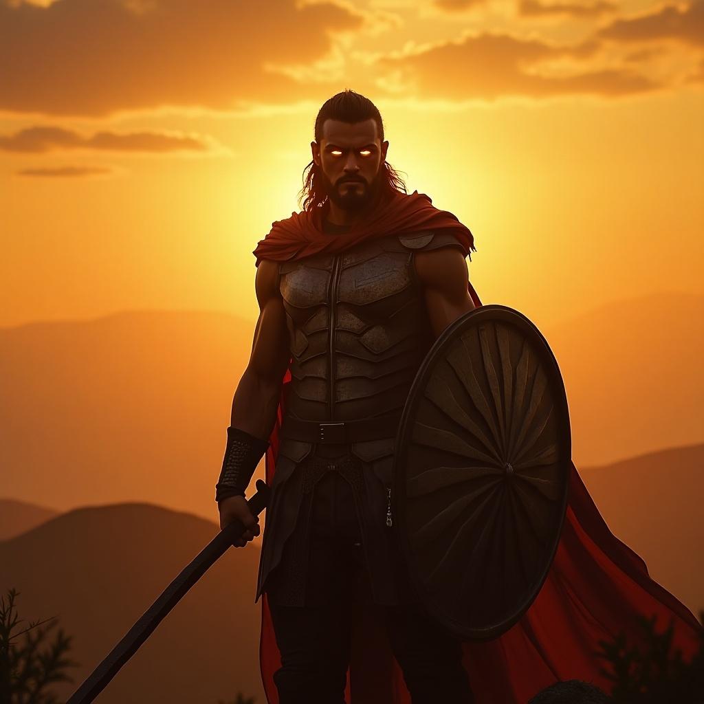 A heroic warrior stands silhouetted at sunset. The figure shows strength and valor. The background features hills under a colorful sky.