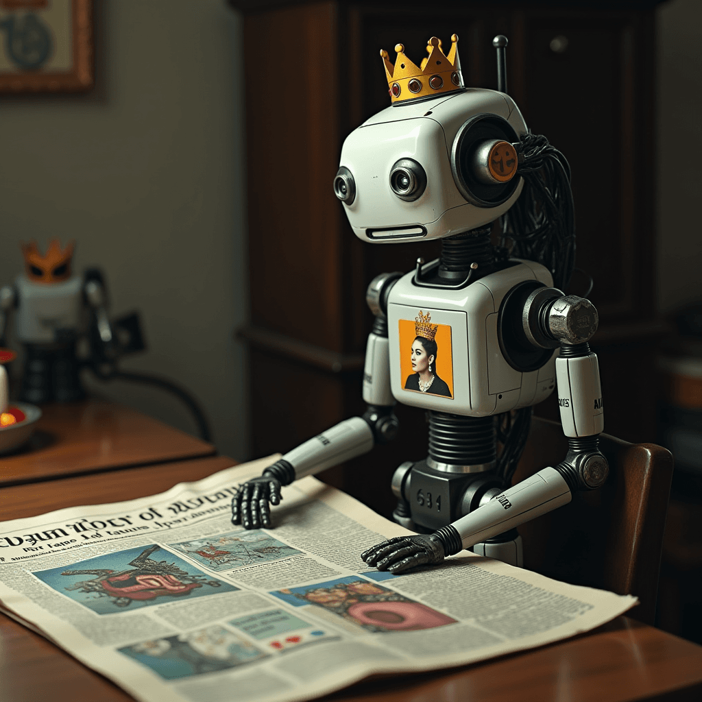 A vintage robot wearing a crown reads a newspaper featuring a queen's portrait.