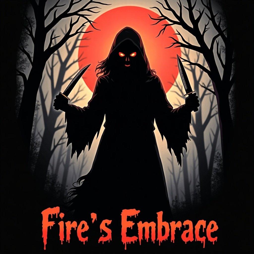 The artwork features a sinister silhouetted figure of a hooded woman with glowing orange eyes, holding knives in an intimidating pose. Behind her looms a large blood-red moon, contributing to the chilling atmosphere. Barren trees surround the figure, heightening the sense of dread and isolation. At the bottom, the title 'Fire's Embrace' is displayed in bold, ghostly lettering, enhancing the horror theme. The overall color palette combines shades of black and red, delivering a distinctly eerie vibe. This image encapsulates the essence of horror storytelling, drawing viewers into a world of fear and suspense.