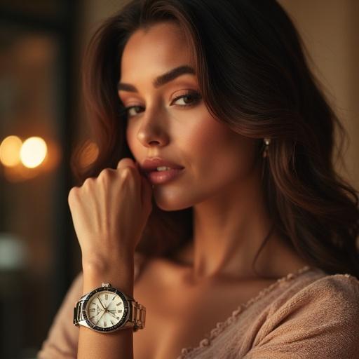 A glamorous woman is wearing an Omega Seamaster watch. She poses elegantly with a soft smile and poses her hand near her face. The watch highlights its luxurious design and craftsmanship. Background hints a warm, fashionable setting.