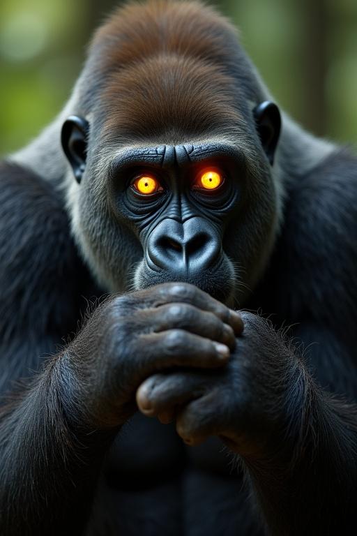 Captivating visual of Western Gorilla. Gorilla gazes with glowing eyes. Expression is contemplative. Muscular frame illuminated by soft light. Form appears velvety. Beauty of nature highlighted.