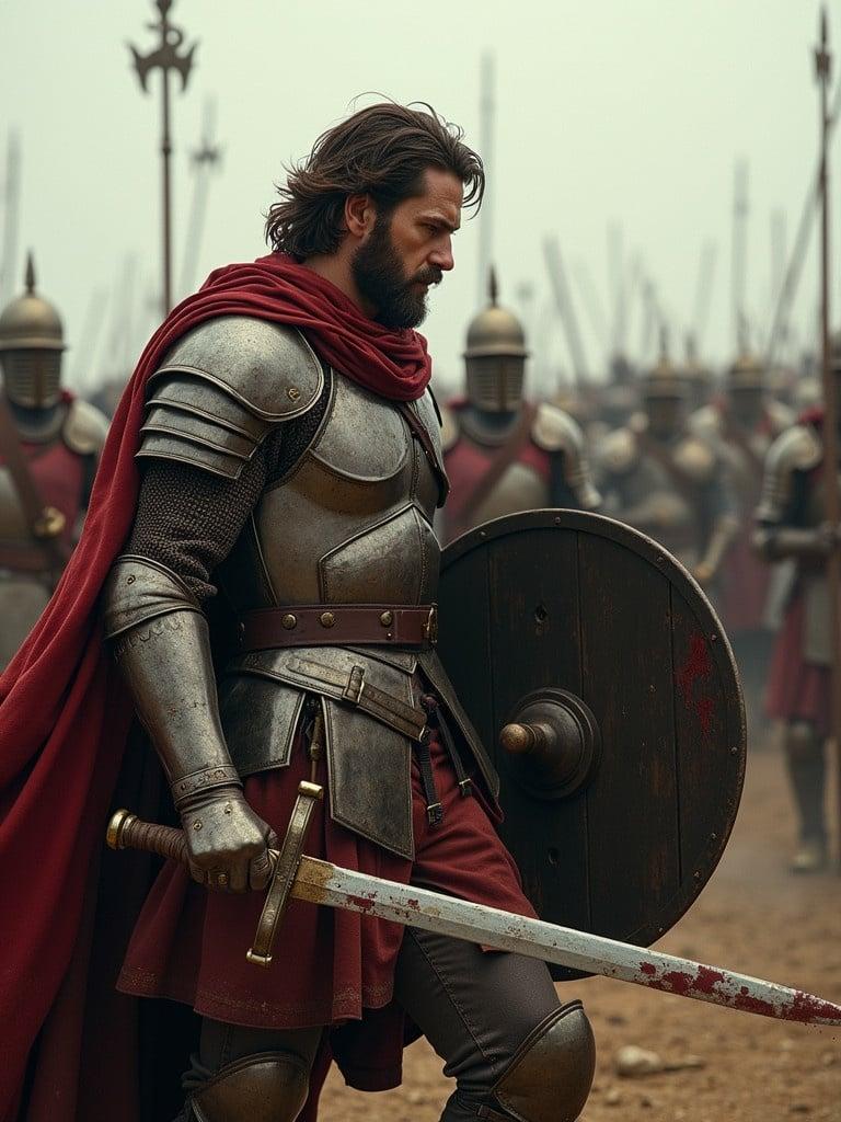 A man stands courageously holding a sword and a friend's shield. Armor shows signs of battle with blood and dents. He gazes at a large army ahead. The atmosphere is tense. The backdrop includes other soldiers preparing for combat.