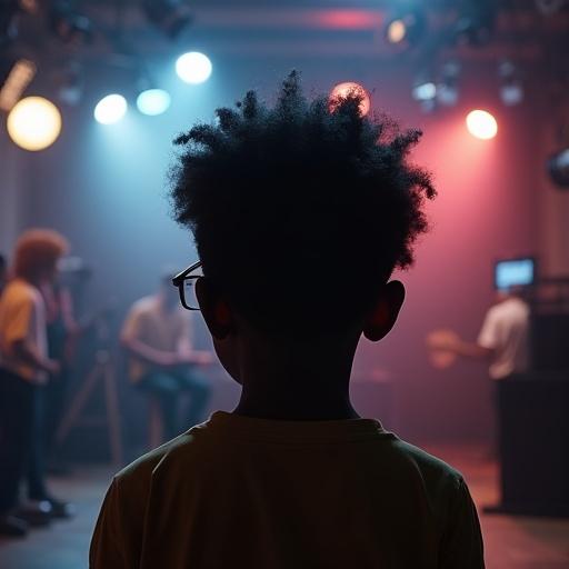 A cinematic shot features a young black darkskin boy around 10 years old. He has curly hair and wears glasses. The scene showcases him from the back. He looks towards a film studio set filled with dimmed, colorful lights. The atmosphere is engaging and creative.