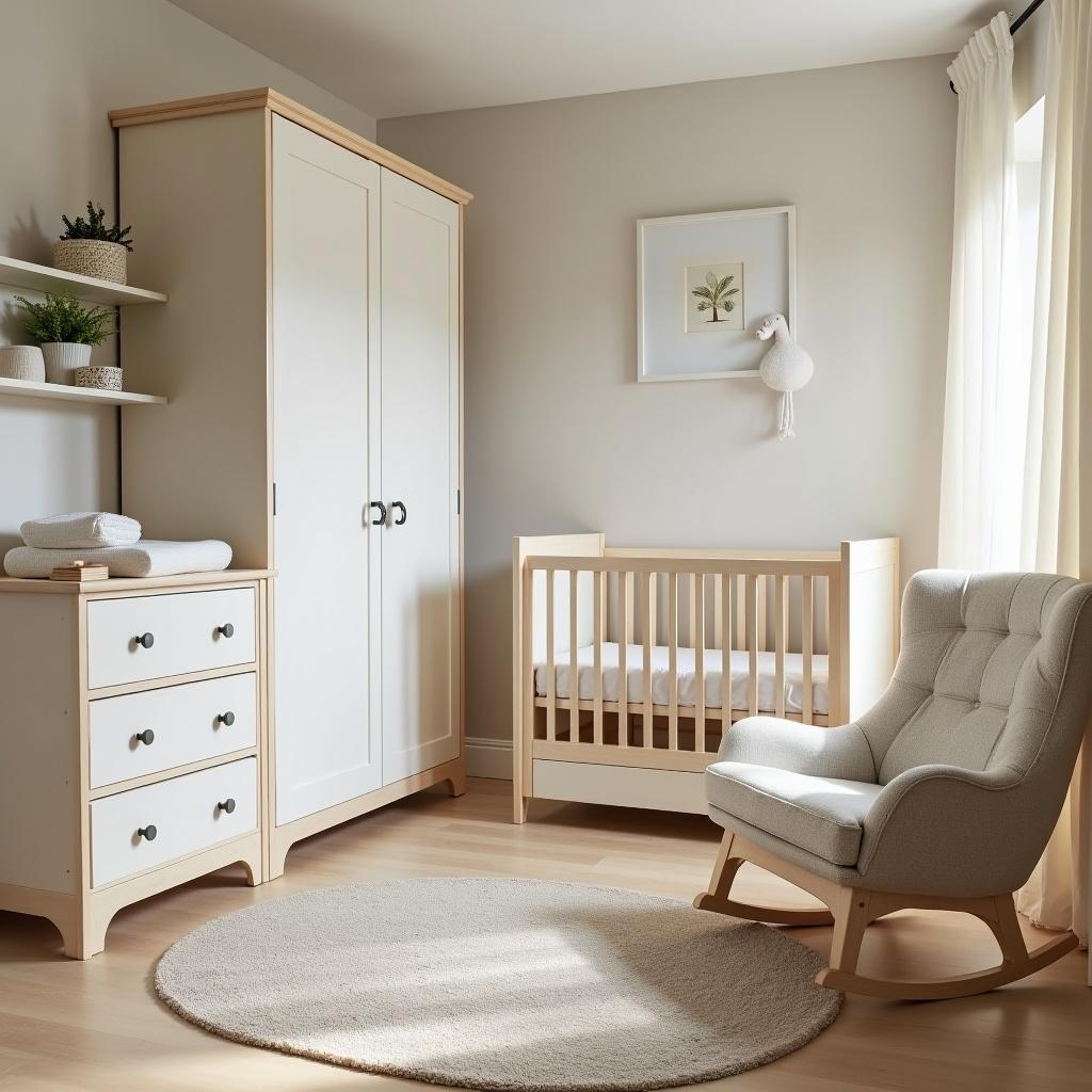 A serene neutral nursery designed for a baby. Features include a crib, wardrobe, changing dresser, and a comfortable rocking chair. Warm natural lighting creates a cozy atmosphere.