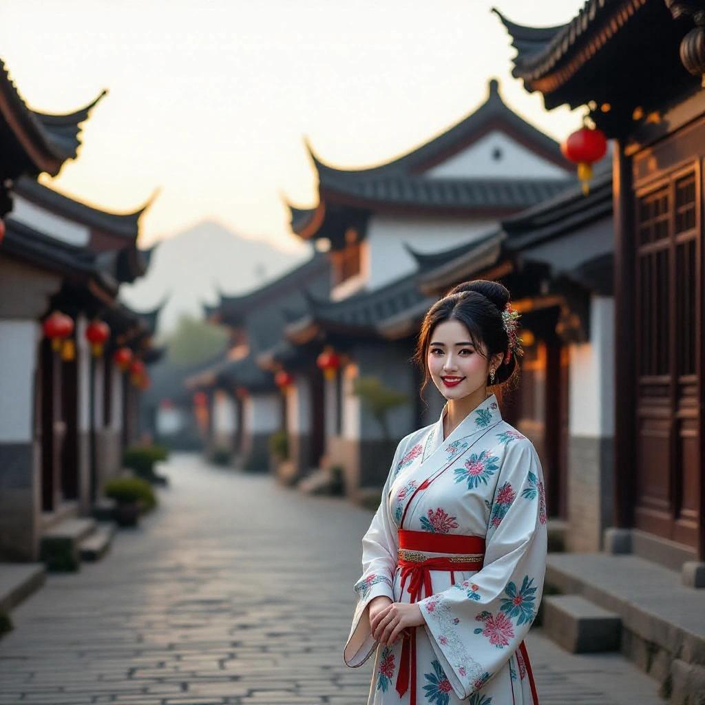 Sunrise in ancient Chinese setting with traditional buildings. Beautiful woman smiling in traditional Chinese dress. Dark roofs aged walls line the streets.