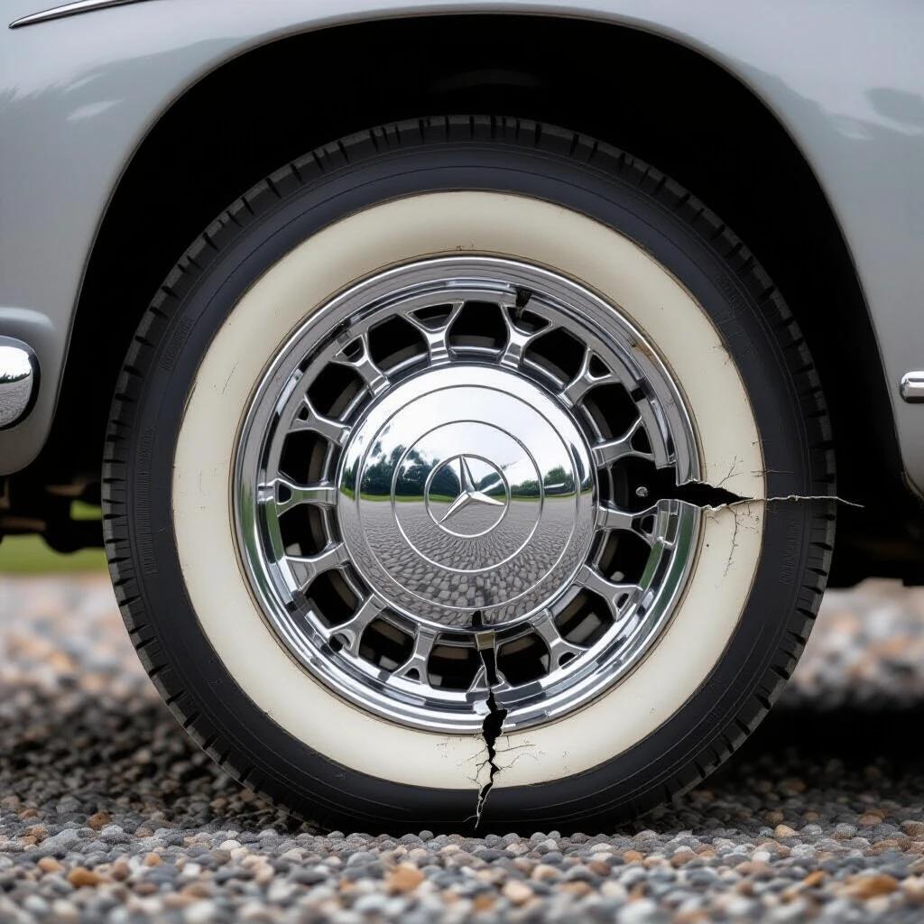 Deflated vintage tire from a 1928 Mercedes. The tire features a 3cm tear on the lower sidewall. The surface is intact but collapsed flat against gravel. A foot dent is visible on the sidewall.