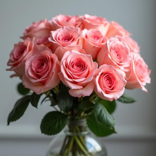 Classic bouquet of pink roses in a vase. Fresh green leaves visible. Soft natural light enhances color.
