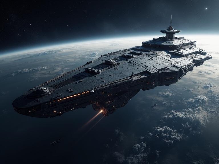 A hyper-realistic depiction of a giant spaceship in the depths of space. The scene showcases intricate details and a majestic presence against a starry backdrop.