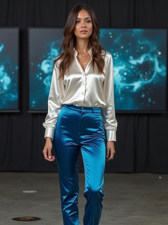 Realistic photo of a woman in a shiny white satin shirt and blue satin tight trousers during a TV show. The shirt is buttoned with long sleeves. She wears heeled shoes and appears dramatic before the audience. A TV presenter is interacting with her, and she is splashed with oil on her clothes and shoes.