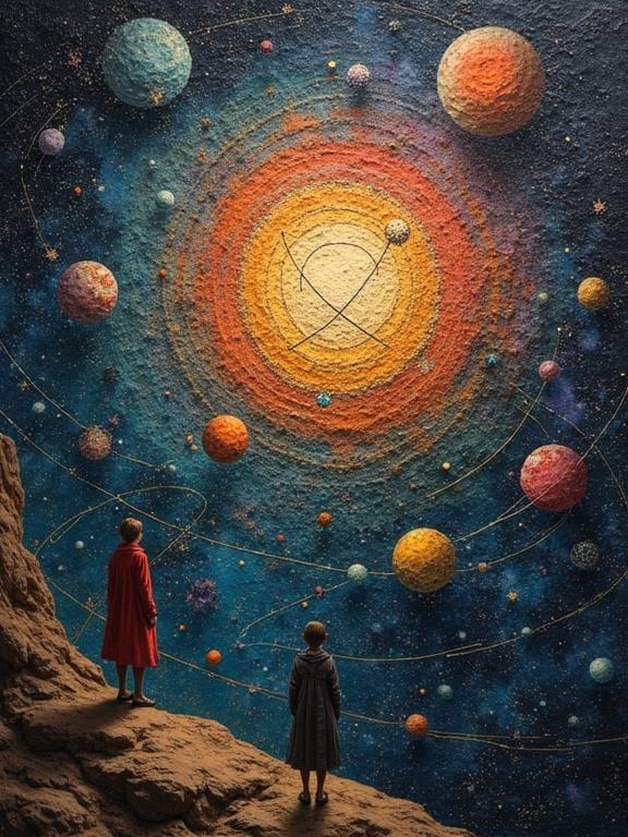 A cosmic scene depicting a swirling pattern of planets and colors. Two figures observing the space imagery from a rocky viewpoint. The artwork combines abstract expressionism with elements of optical illusion and modern art.