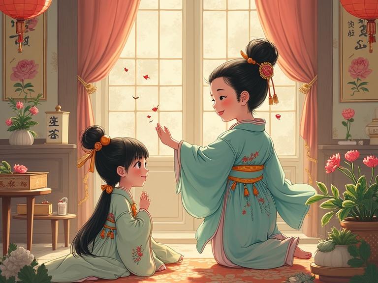 Stylized depiction of a mother and daughter in traditional clothing in an indoor setting. The two figures are facing each other with a sense of connection. The room is filled with cultural decorations emphasizing warmth and familial ties.