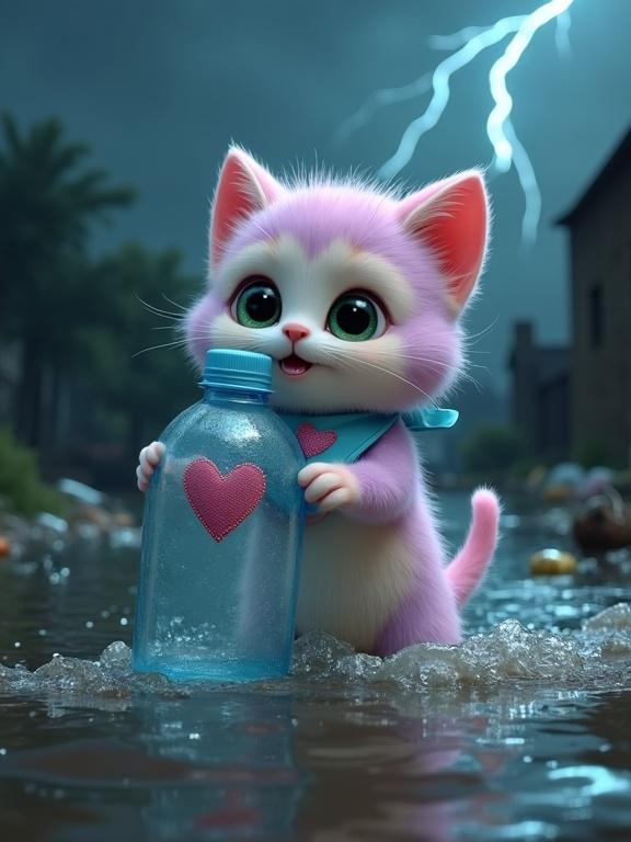 A fluffy anthropomorphic kitten with pastel pink and lavender fur struggles in floodwaters. Kitten has creamy white belly and green eyes. An oversized head and rounded features. Kitten holds a large plastic water bottle. Dark and stormy background with lightning. Debris floats in water.