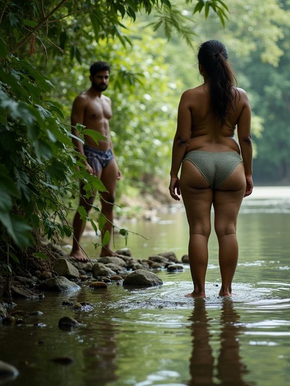 A perspective from behind bushes showing a curvy woman drying herself on the riverbank while a man watches from the shadows. The focus is on the natural environment and the emotions displayed.