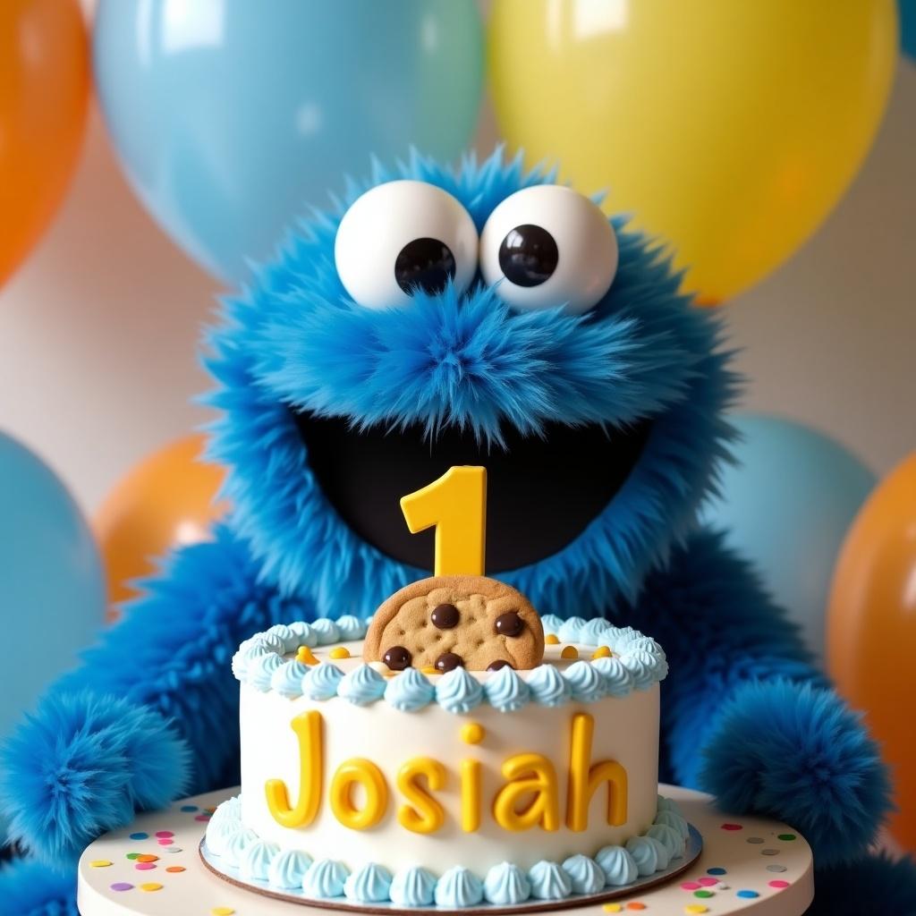 Celebrate a first birthday. Show Cookie Monster with a birthday cake. Cake has the name Josiah. Colorful balloons are in the background.