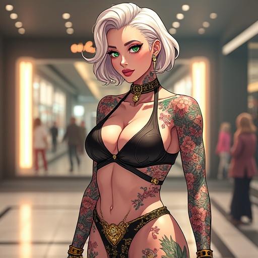 Anime character features a beautiful woman with emerald green eyes and elegant short light blonde hair. She has futuristic and vibrant tattoos. The setting is a luxurious Chanel store with modern decor. Character wears edgy streetwear and jewelry, showcasing a blend of cultures and fashion styles. Display includes cybernetic elements and highlights on her muscular physique.