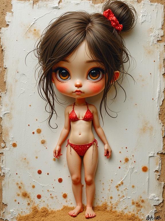 Oil painting showcasing a chibi doll in a red bikini. Features thick impasto textures, sandy background, collage elements like newspaper and jute fibres. Focus on artistic play with materials and colors.