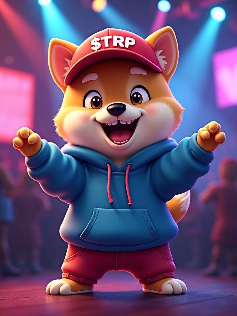 Animated cartoon character of a Shiba dog wearing a red baseball cap $TRP and stylish blue hoodie with red jeans. Character is full of energy dancing joyfully in nightclub surrounded by colorful lights.