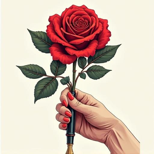 A feminine hand holds a fountain pen intertwined with a vibrant red rose in a colorful illustration style.