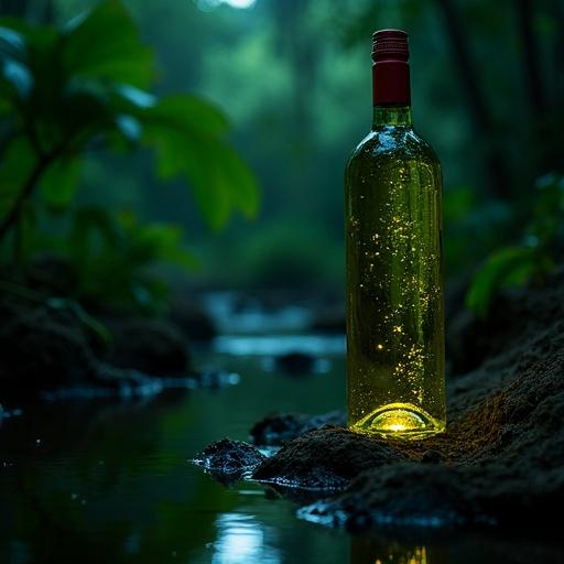 Documentary photography in a tropical forest with 99% darkness. A narrow beam from a 4000K LED flashlight illuminating a semi-buried green wine bottle beside a creek. Bottle has a worn red cork. Moss growing at the base with murky water reflecting dim light. Exposed ceiba roots in the foreground. Humid atmosphere with low mist and shadows of heliconias and large leaves. Style inspired by dirty realism, high ISO granularity, minimal lighting, and top-down perspective.