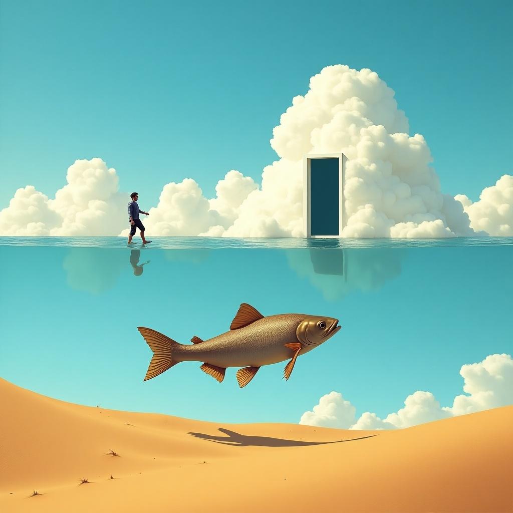 Surreal artwork shows a person walking towards a floating door in the sky. A fish swims above the ground in a desert setting. Elements create a dreamlike atmosphere with contrast between environments.