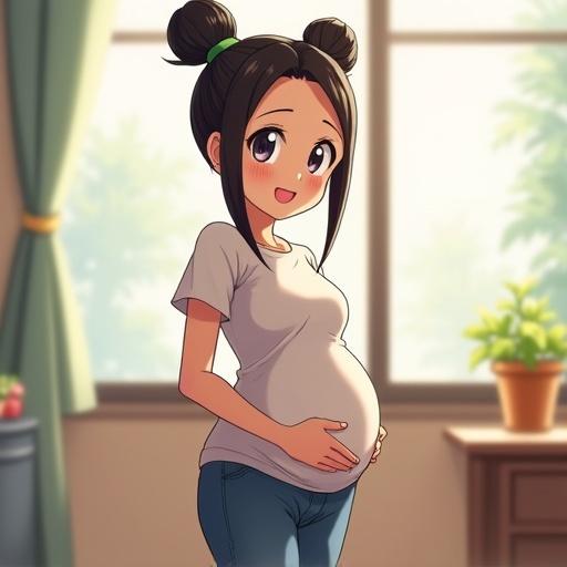 Anime character in a light indoor setting. Pregnant female with a cheerful expression. Casual clothing. Inspired by the Pokemon art style.