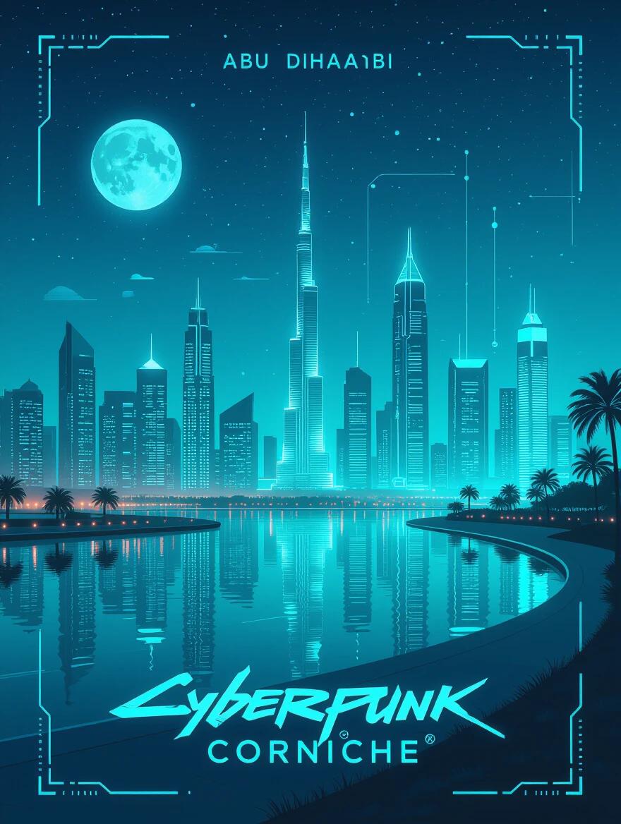 A poster design in Cyberpunk Zen style. Features Abu Dhabi Corniche blending with futuristic technology. Skyline outlined with glowing lines. Emerald and blue color palette. Reflective water surface.