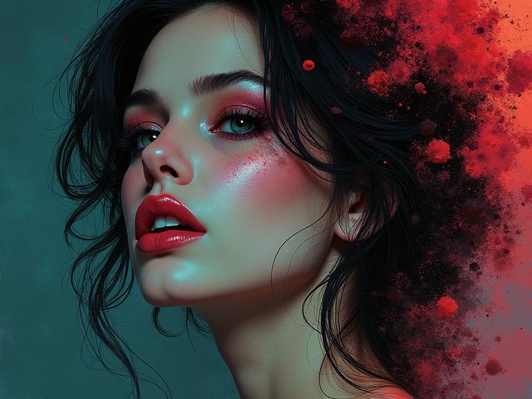 A close-up portrait of a sexy woman with red lips and dramatic makeup. Background features polychromatic cosmic elements in an ink art style. The scene has a dreamlike quality with a discombobulated reality aesthetic.