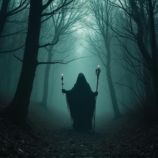 Witchcraft horror style image. Dark forest with trees shrouded in mist. A mysterious witch figure stands with a staff. Eerie symbols and an unsettling atmosphere create tension.