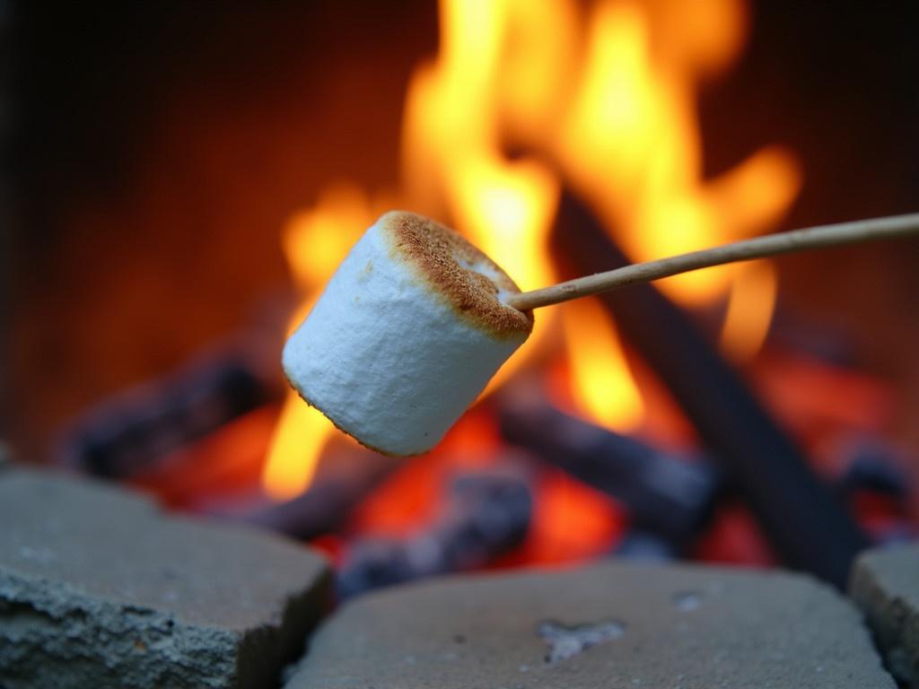 A perfectly toasted marshmallow hangs from a stick, held over an open fire. The flames flicker brightly in the background, giving a warm and inviting glow. The marshmallow has a golden-brown crust, indicating it's been roasted just right. In the foreground, a smooth stone surface serves as the base, while dark charcoal can be seen behind the flames. The scene captures a classic camping moment, evoking feelings of nostalgia and warmth.