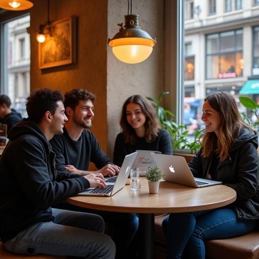 Group of influencers working on laptops in a café in Erfurt's old town. Focus on social media vibes and collaboration.