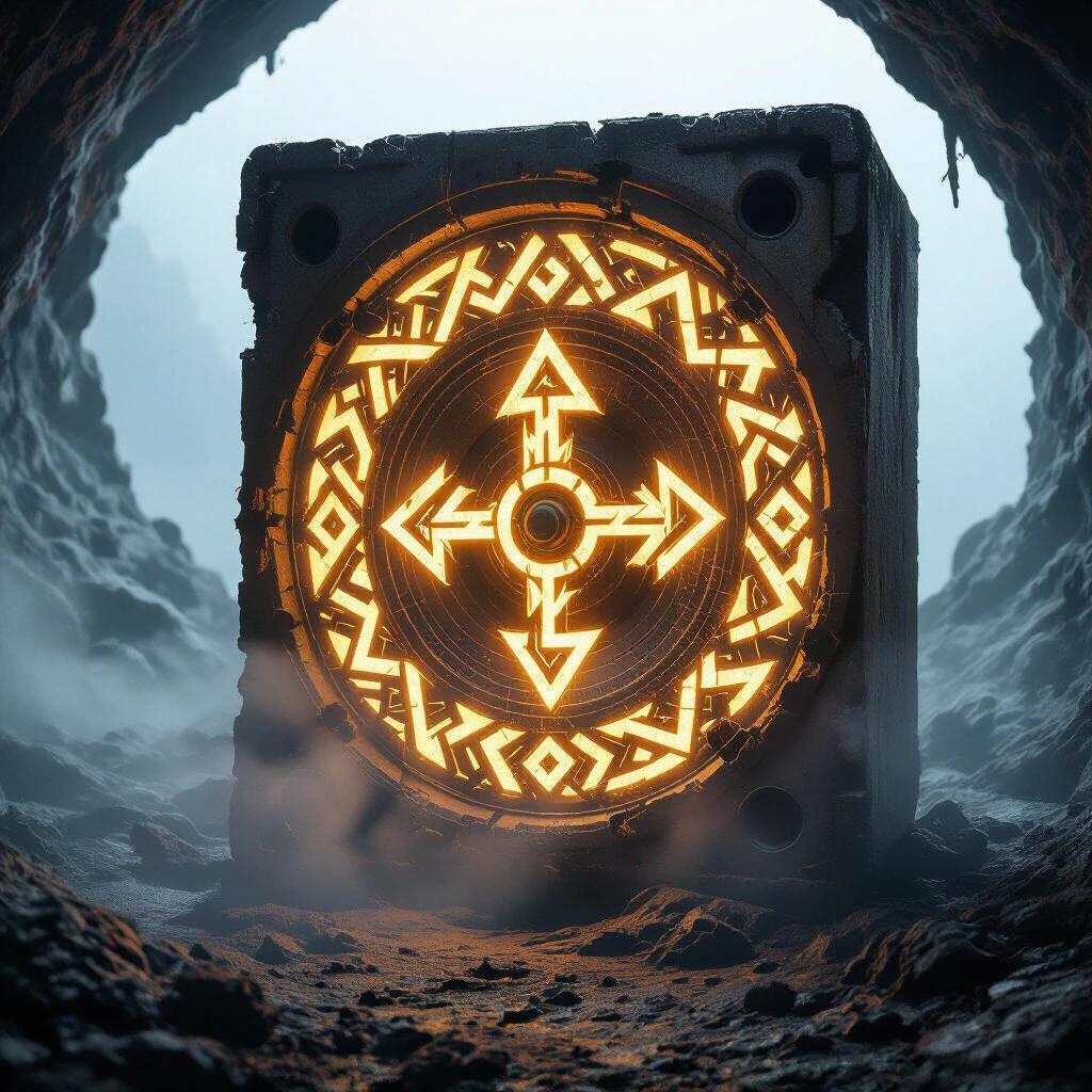Glowing rune symbols carved into an old speaker. Speaker is sitting in a pitch-black cave. Mist surrounds the speaker. The runes emit a bright orange glow. The cave has a mysterious atmosphere.