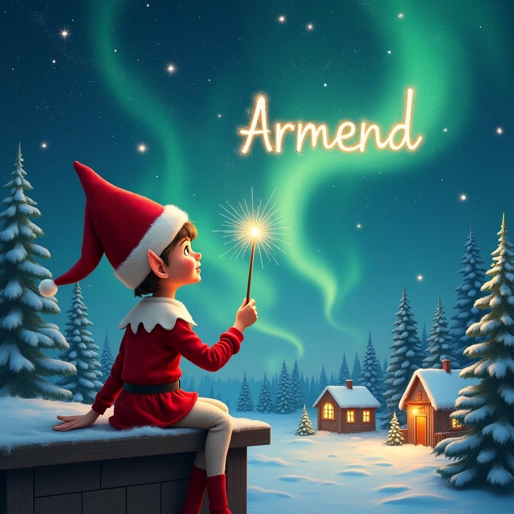 An elf sits on a wooden ledge in a snowy landscape, gazing at a magical night sky. The elf is dressed in a red outfit with a pointed hat and holds a sparkling wand. With the wand, the elf writes 'Armend' in the starry sky, casting a whimsical glow. The enchanting scene features charming little houses and evergreen trees. The backdrop is illuminated by the shimmering Northern Lights, capturing the essence of childhood magic and festive joy. The elf elegantly adds the name 'Daniel' in the sky, enhancing the magical atmosphere.