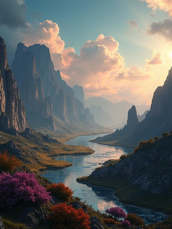 Futuristic landscape depicting a new Earth three billion years from now. Features dramatic mountains, a winding river, and vibrant flora. Captures a serene yet breathtaking scene with soft sunlight illuminating the valley.