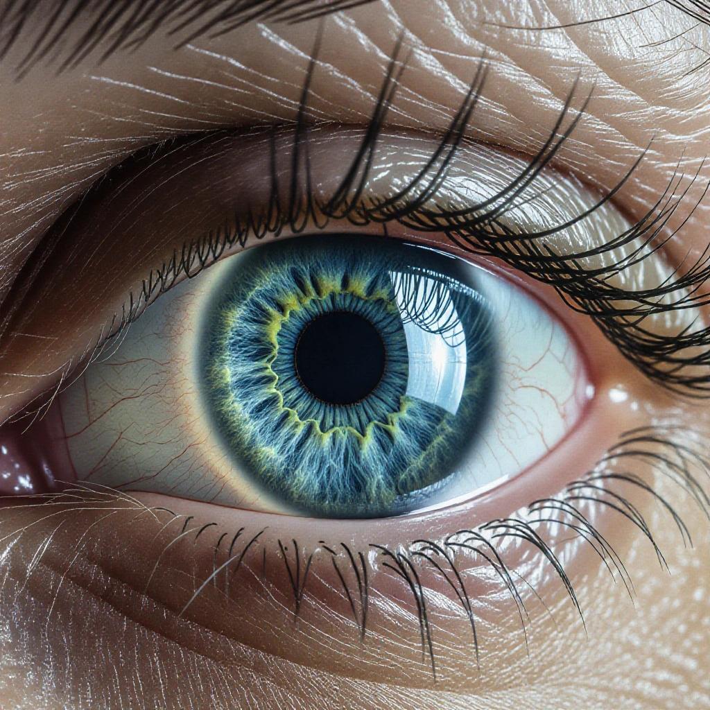 Macro image of a clear blue human eye with an eyelid. Emphasis on textures and transparencies of the eye against a black background.