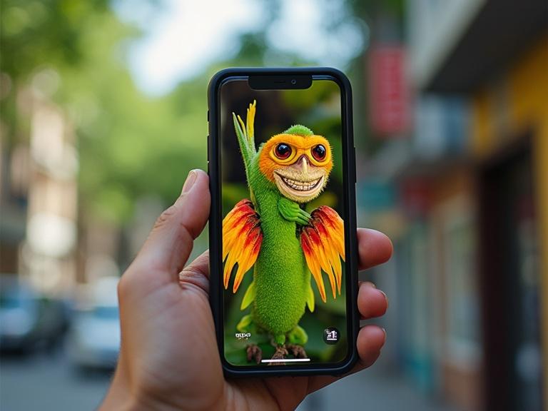 A bright animated character displayed on a smartphone held in a hand. The character features vibrant colors and a playful expression. The scene is set outdoors with soft natural lighting.