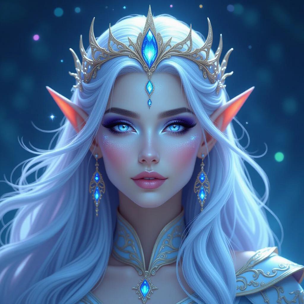 A high elf woman with silver-blue skin and flowing platinum hair. Long ears adorned with gold earrings. Large violet eyes glow with an otherworldly essence. Elegant features shimmer with starlight. Slightly parted lips reveal pointed teeth. Wears moonflowers crown and silver vines. Style is cel-shaded fantasy with bold outlines and exaggerated proportions. Background is twilight blues and soft lavender.