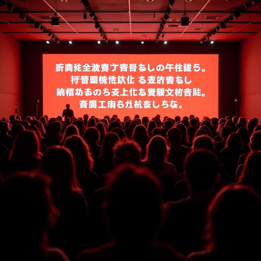 Room filled with people seated in rows. They face a prominent red multilingual sign.