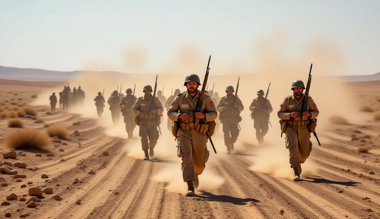 Image shows soldiers in military attire advancing in a desert setting. Dust is kicked up as they march on sandy terrain. Soldiers hold rifles and exhibit determination as they move towards a specific objective.