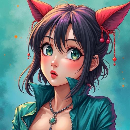 Surrealist painting of an anime character in watercolor style inspired by Jojo's Bizarre Adventure Part 5. Character has cat ears and vibrant green eyes. Appearance includes a fashionable outfit with a necklace.