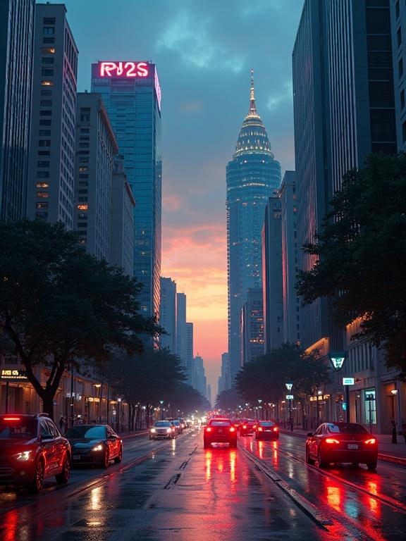 Cityscape at dusk with electric cars. Digital filter enhances cyberpunk style. Skyscrapers and reflections on wet streets.