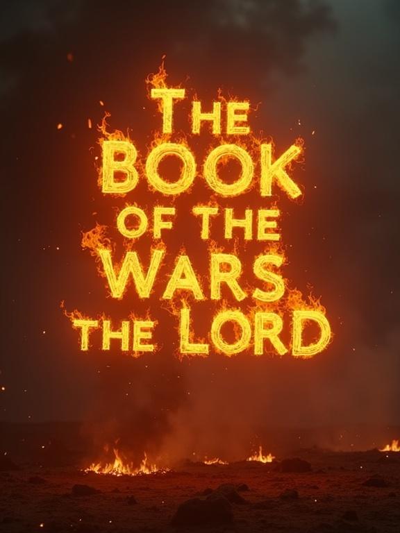 A hyper-realistic cinematic scene with fiery words. The text reads 'The Book of the Wars of the Lord' written in burning ink. It fades into embers.